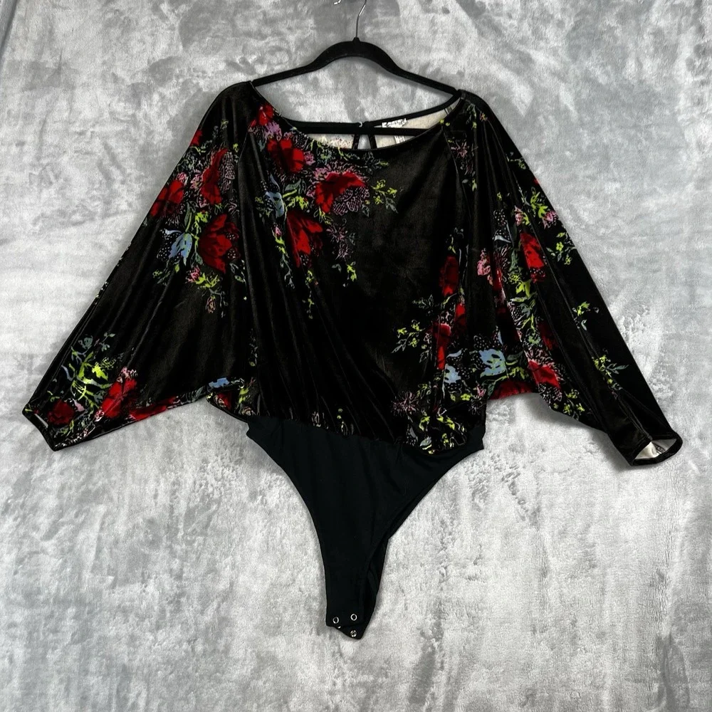 Free People Intimately Velvet Floral Bodysuit Black Dolman Sleeve Small S